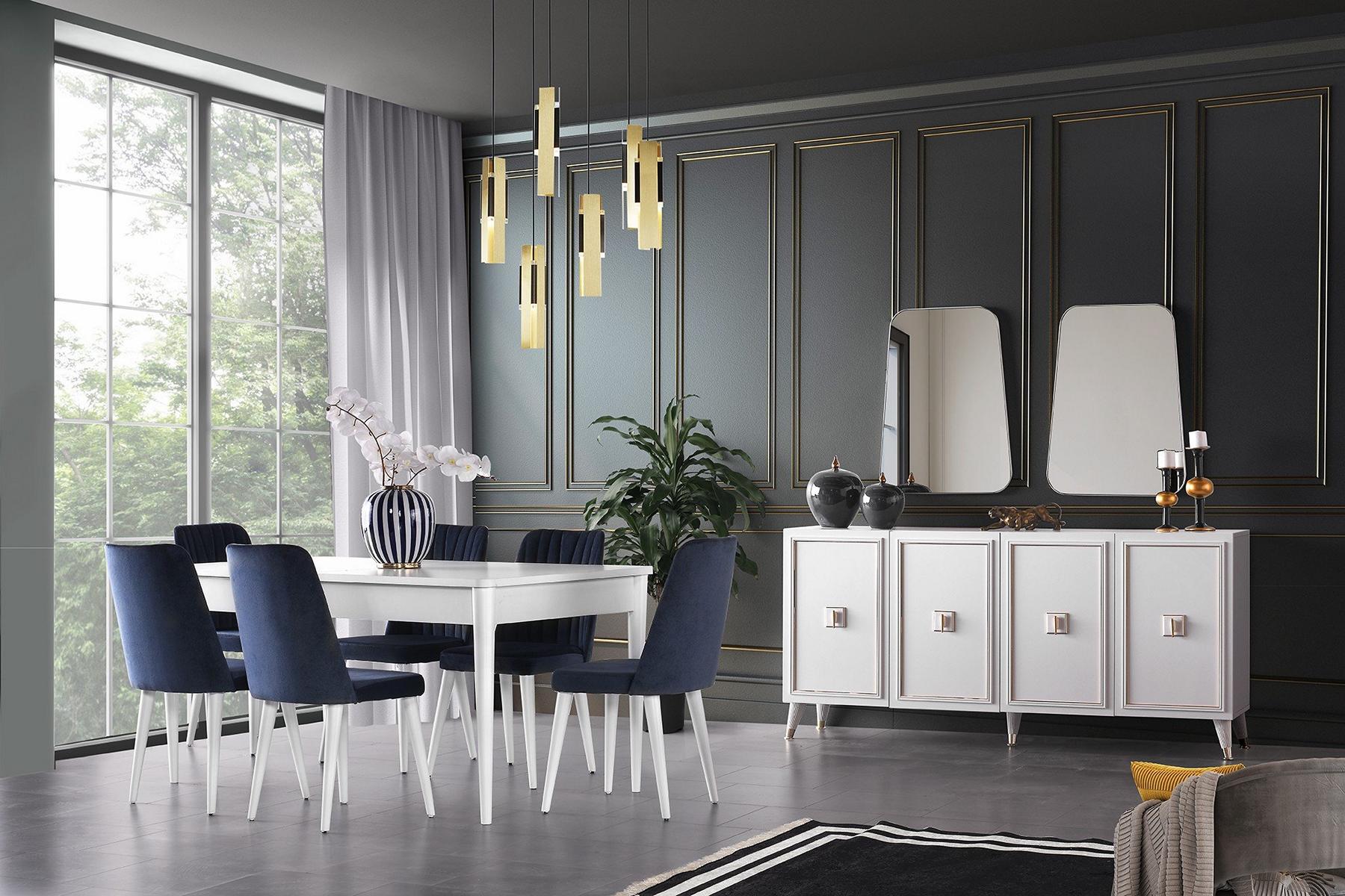 Essgruppe Esszimmer Essecke Esstisch Stühle Holz 9tlg Anrichte Weiß