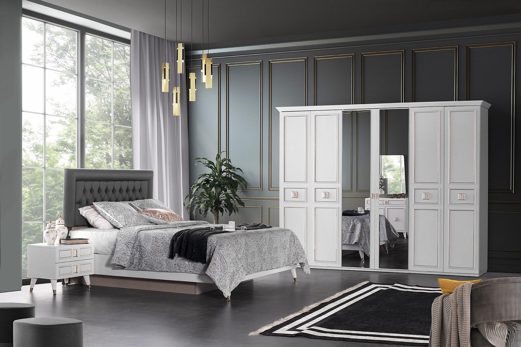 Garnitur Doppelbett Bett Nachttische Weiß Schlafzimmer 4tlg Schrank