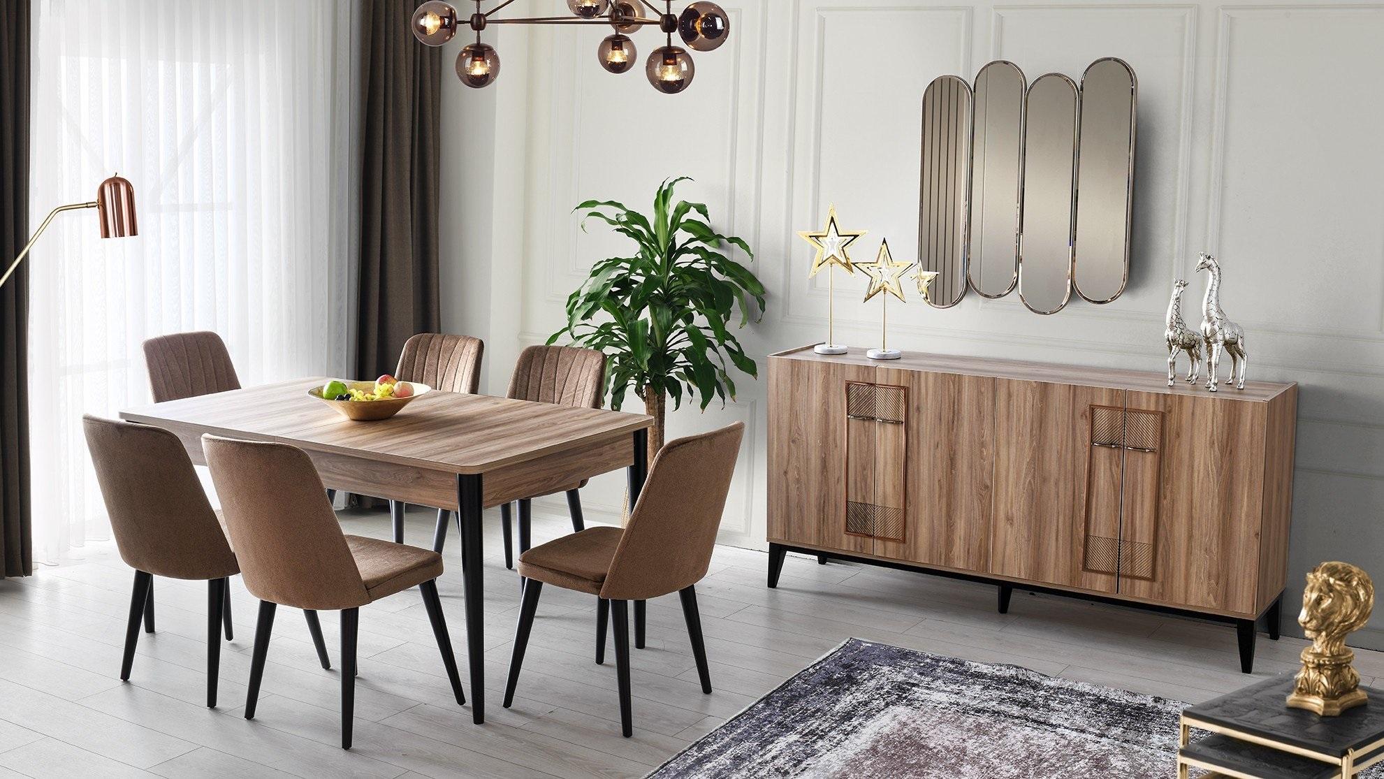 Essgruppe Garnitur Esszimmer Esstisch Stühle Holz 9tlg Braun Anrichte1