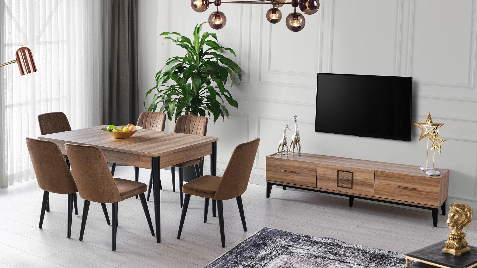 Essgruppe Esszimmer Esstisch Stühle Holz Set 8tlg Braun TV Ständer