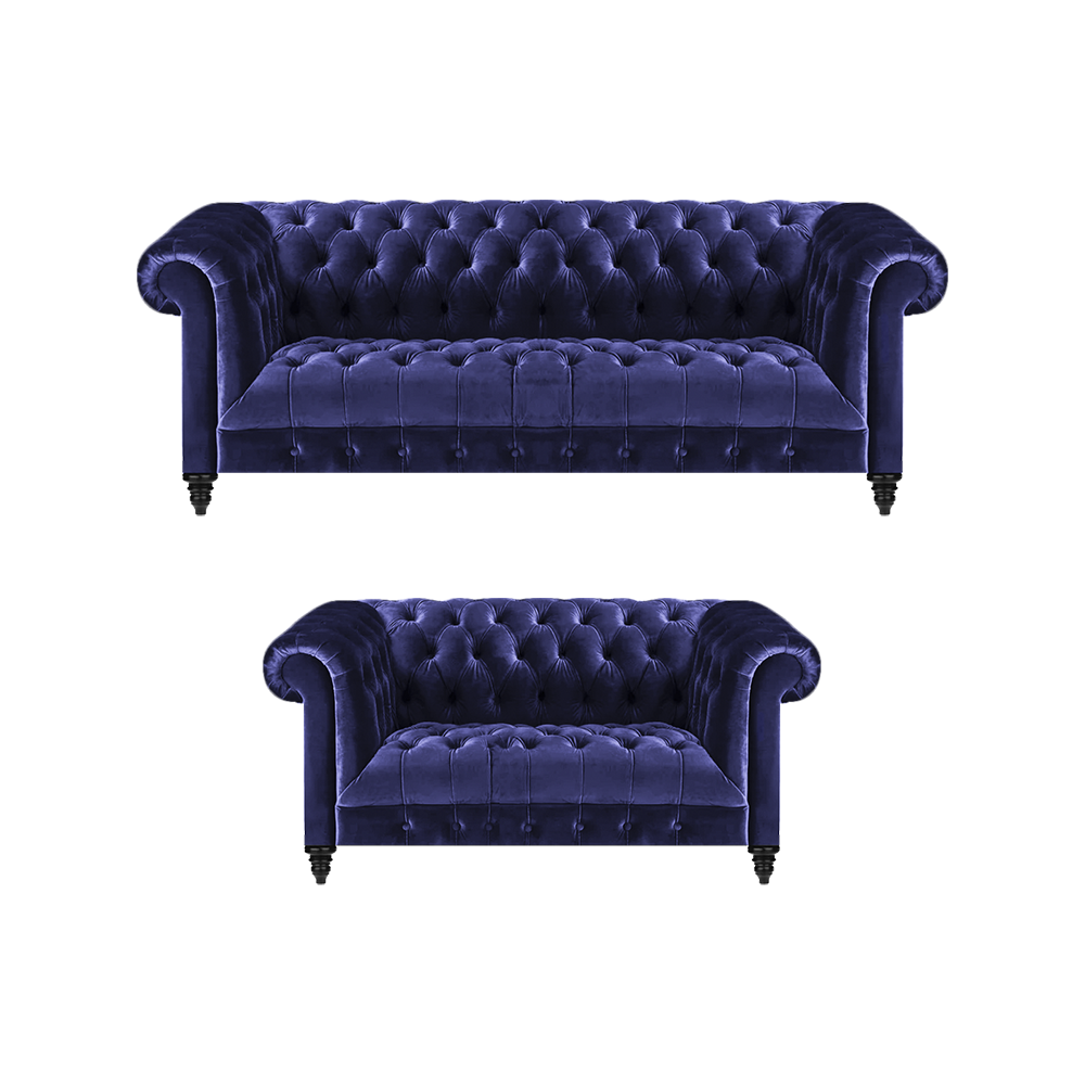 Chesterfield Design Luxus Polster Blau 2x Sofas Couch Sitz Garnitur Wohnzimmer
