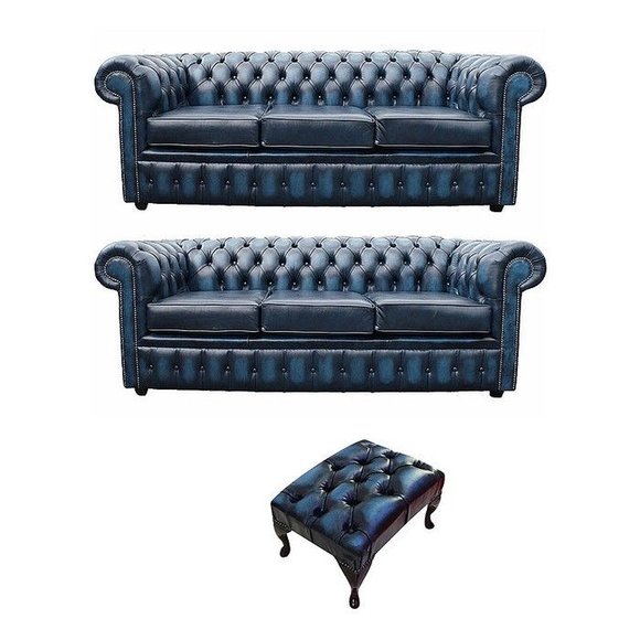 Klassische Leder Textil Sofa Couch Polster Garnitur Chesterfield 3+3 Hocker Neu