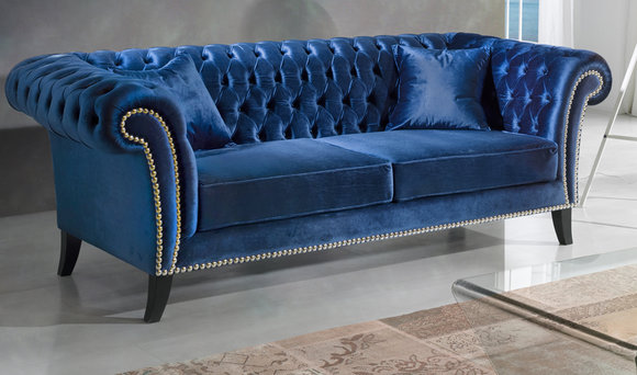 Design Sofa 3 Sitzer Couch Polster Sofas Stoff Wohnzimmer Blaue Textil