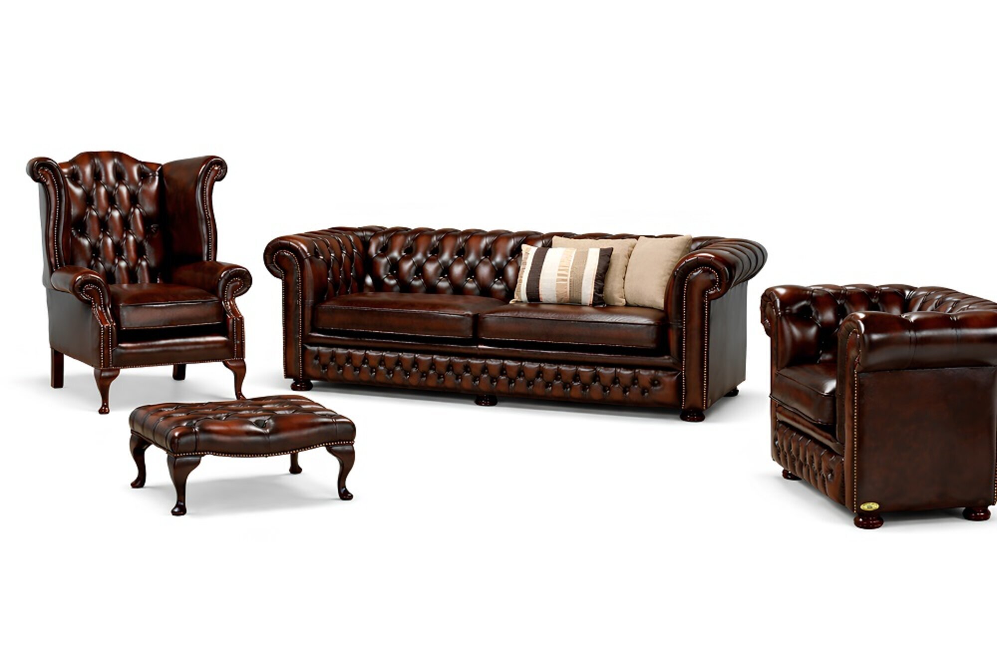 Chesterfield Design Sofagarnitur 3 +1 + Ohrensessel + Hocker 100% Leder Sofort