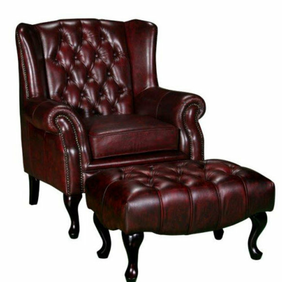 Chesterfield Ohrensessel + Hocker Sessel Couch Polster Set Leder Textil