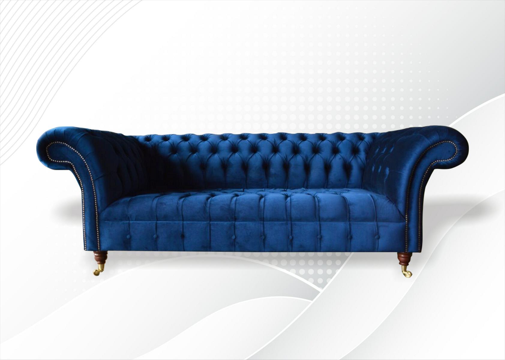 Chesterfield 3 Sitzer Blau Design Couchen Polster Sofas Samt Stoff Textil Luxus