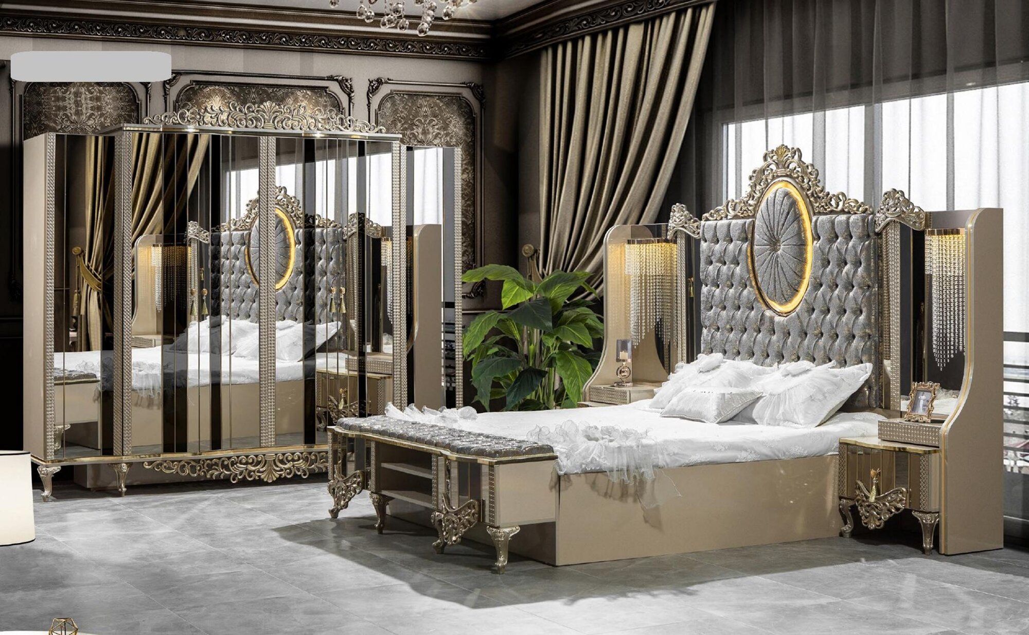 3tlg Schlafzimmer Set Luxus in Beige, klassisches Design SOFORT