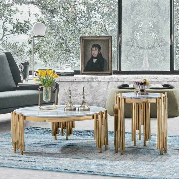 Set 2er Set Garnitur Beistell Couch Tische Zeitungs Designer Marmor Tisch Rund