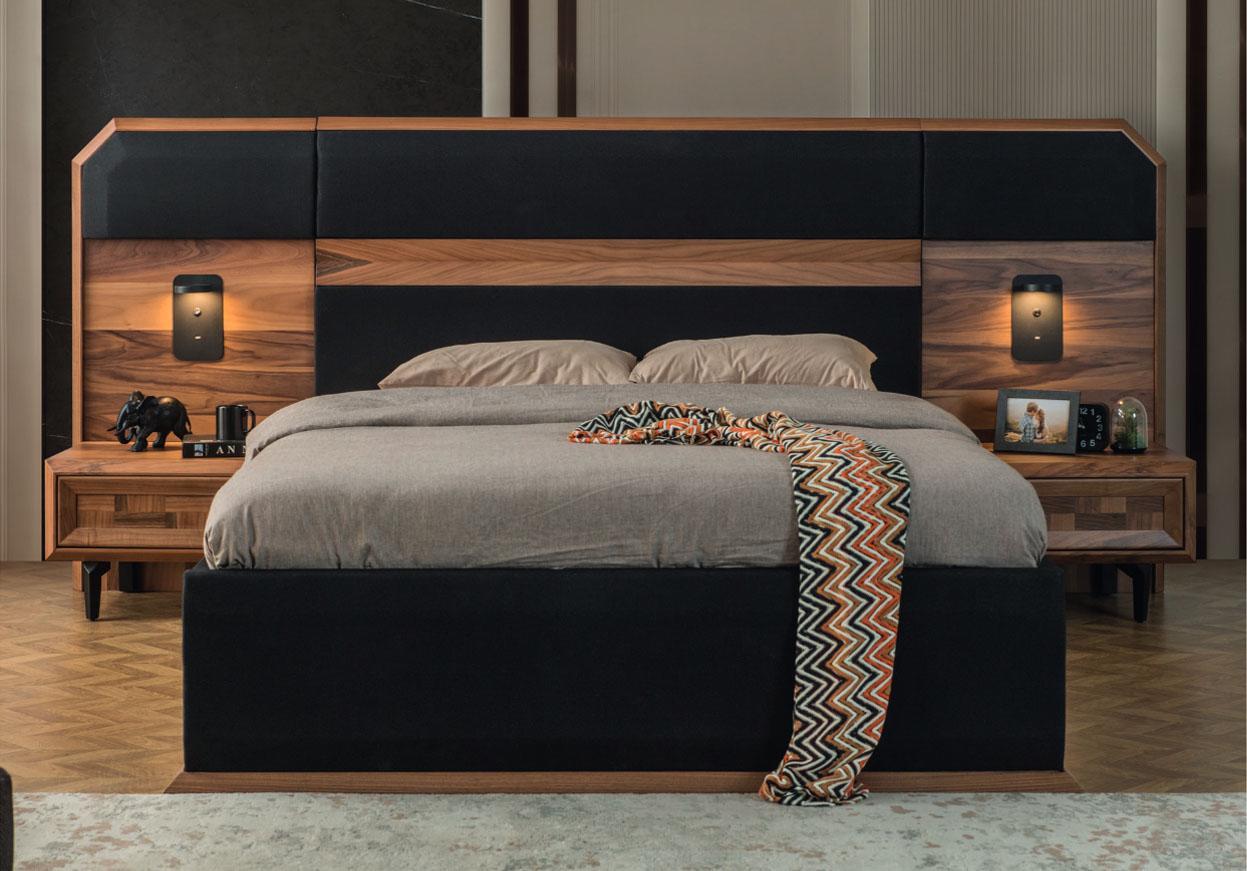 Braun-Schwarze Holz Schlafzimmer Garnitur Doppelbett 2x Nachttische 3tlg