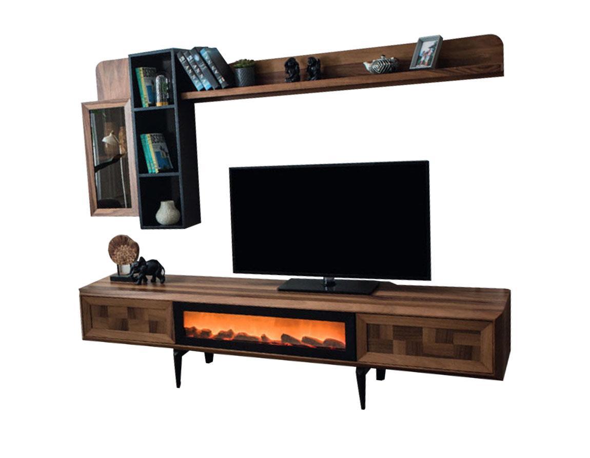 Braunes Wohnzimmer-Wandset, Designer-TV-Ständer, RTV-Holzregale, LED