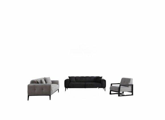 Schicke Schwarz-Graue Wohnzimmer Polstergarnitur Dreisitzer Sessel 3tlg