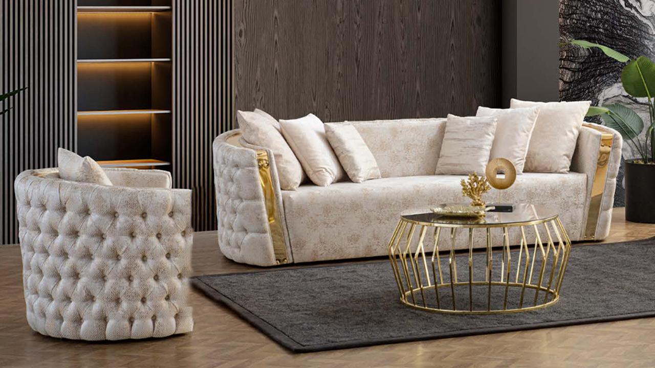 Chesterfield Beige Wohzimmer Sofas Edelstahl 3-Sitzer 1-Sitzer