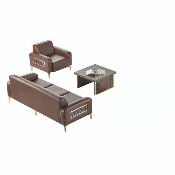 Arbeitszimmer-Set 3tlg 3-Sitzer Sessel Couchtisch Braun Einfarbig Modern