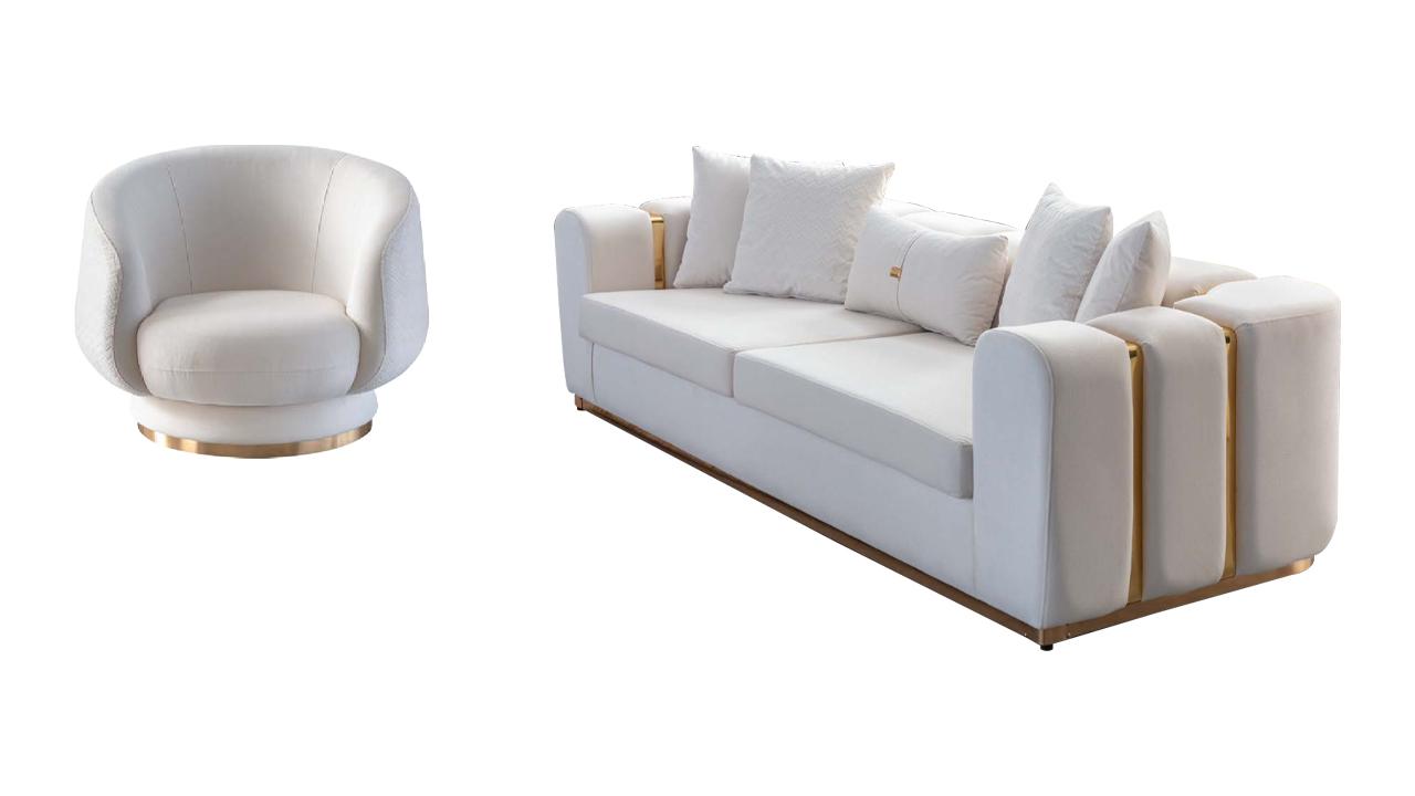 Weißes Wohnzimmer Sofa Polstermöbel 4-Sitzer Textil Lehnsessel 2tlg Set