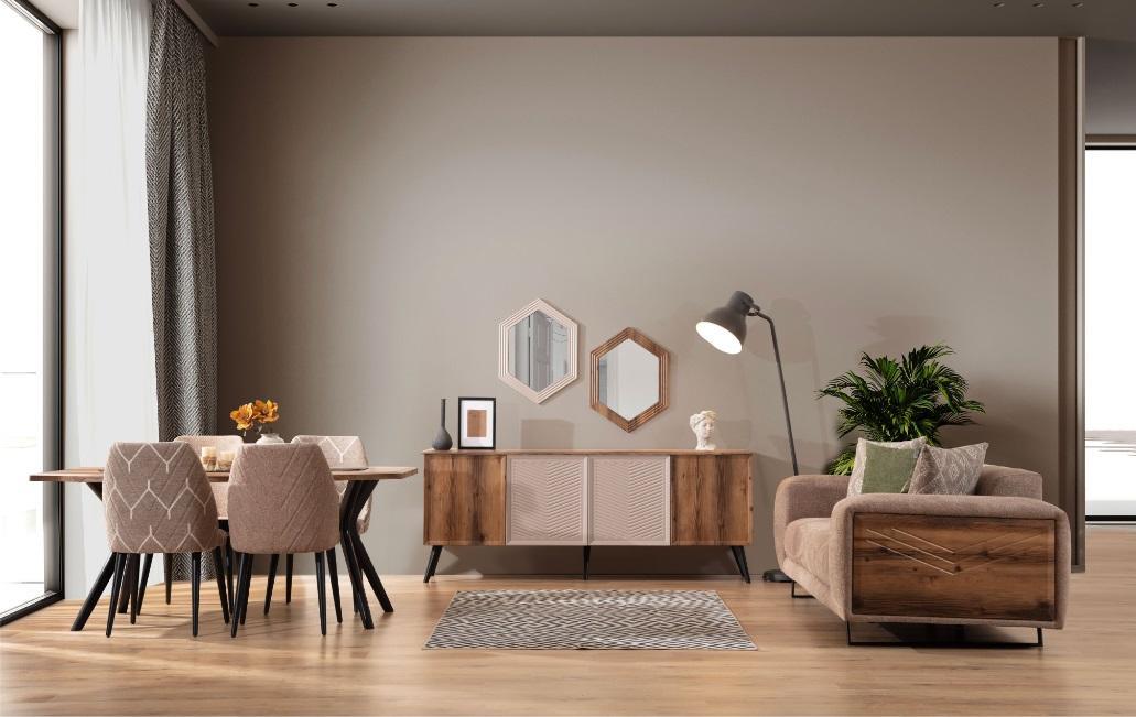 Moderne Esszimmer Möbel Beiger 3-Sitzer Esstisch Luxus 4x Stühle Spiegel