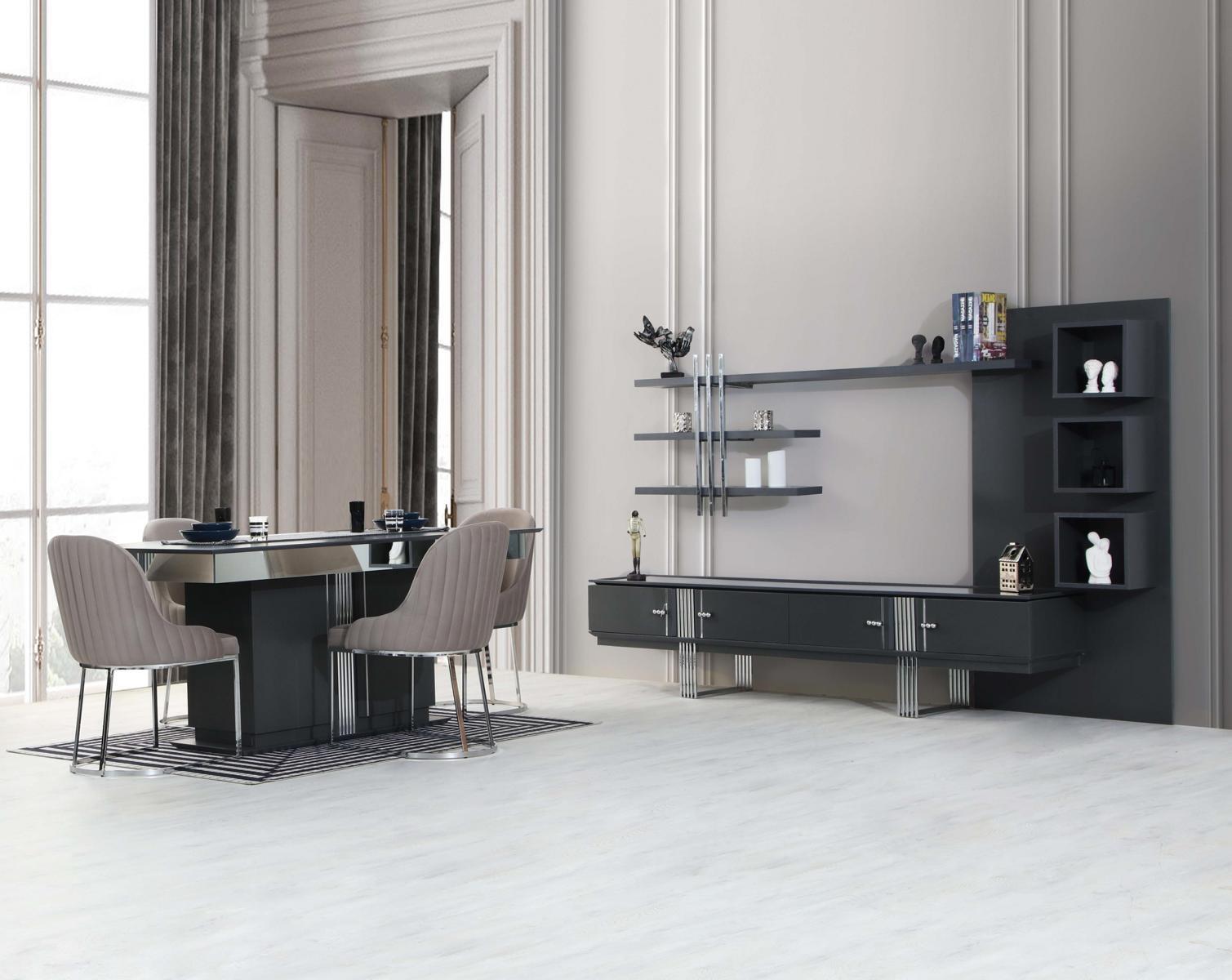 Schwarze Esszimmer Garnitur 4x Polsterstühle Luxuriöser Esstisch 6tlg