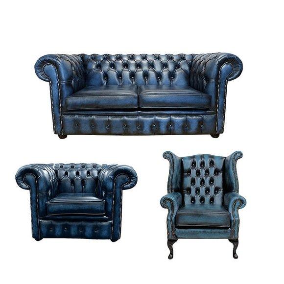 Chesterfield Couch Sofas Leder Sofa Couch Garnitur 2+ 1Sitzer + Ohrensessel