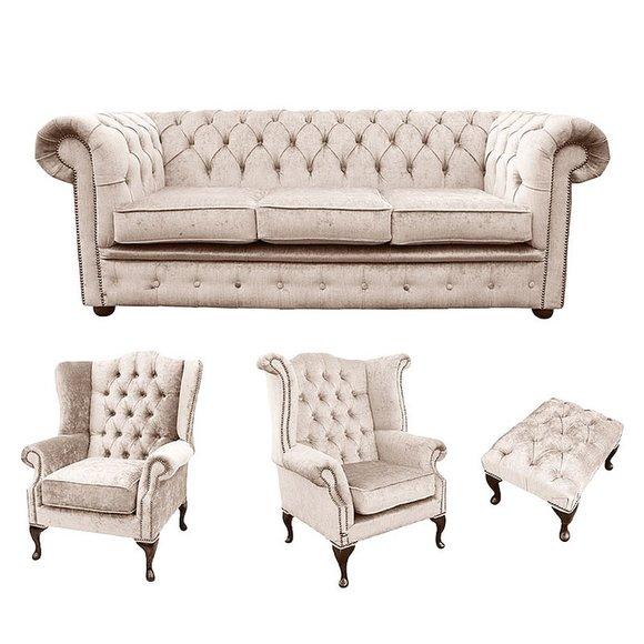 Sofagarnitur Chesterfield Set Polster Couch Sofa Ohrensessel Hocker Leder