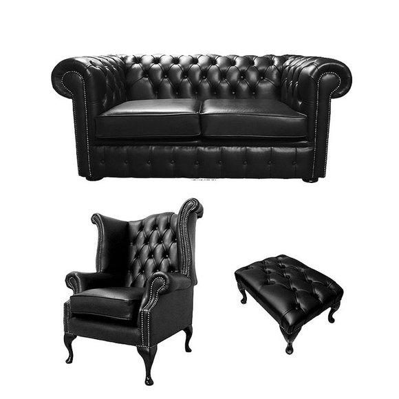Chesterfield Leder Textil Sofagarnitur Ohrensessel Design Sofa Couch Hocker Neu