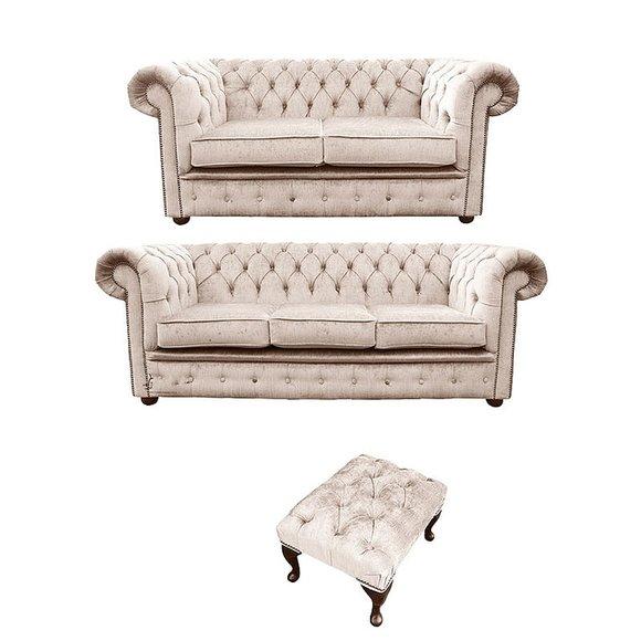 Chesterfield Couch Polster Sofas Klassik Leder 3+2 Sitzer + Hocker Textil 64
