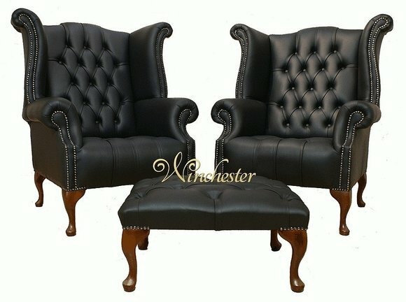 Chesterfield Ohrensessel 2x + Hocker Leder Sofa Set Garnitur Polster Couch