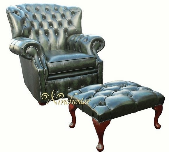 Chesterfield Ohrensessel 1 Sitzer + Hocker Designer Leder Sofa Couchen
