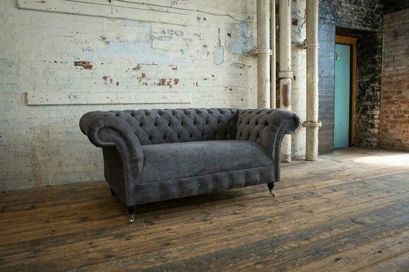 Cheserfield Samt Sofa 2 Sitzer Designer Couchen Couch Stoff Polster Grau