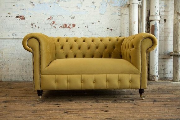 Cheserfield Samt Sofa 2 Sitzer Designer Couchen Couch Stoff Gelb Polster