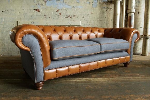 Sofa 3 Sitzer Couch design Braun Chesterfield Polster Sitz Garnitur Leder