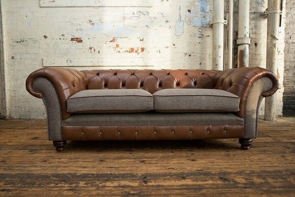 Braune 3 Sitzer Chestrerfield Leder Sofa Couch Polster Garnitur Textil Sofas