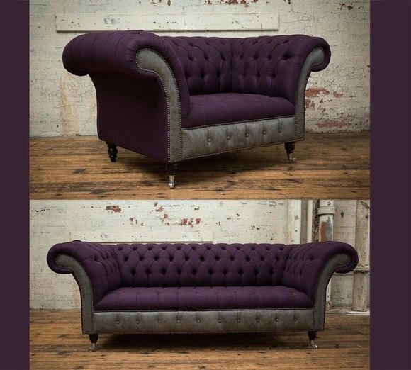Edle Designer Chesterfield Knopf Garnitur Textil Polster Sitz Leder 3+1 Sitzer