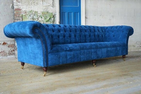 Blaue Chesterfield Couch Polster Textil 4 Sitzer XXL Big Sofa Couchen XXL