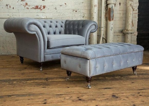 Chesterfield Hocker Fuß Sessel Polster Ottoman Beistell Relax Textil Leder Neu