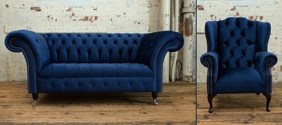 Designer Sofa Chesterfield 2 Sitzer Couch + Ohrensessel Relax Lehn Polster