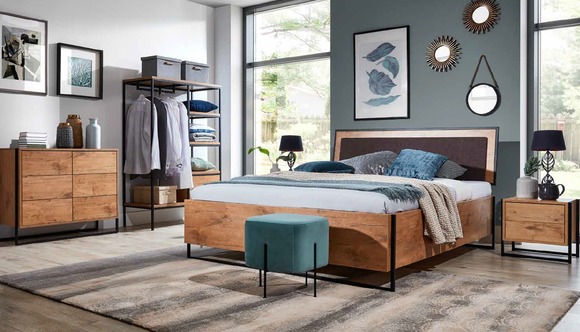 5 tlg. Komplett Set Holz Schlafzimmer Loft Stil Design Bett Kommode Schrank Neu