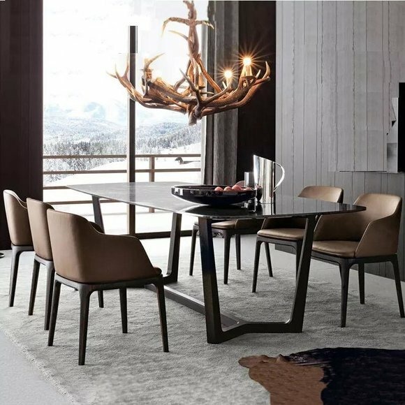Designer Holz Ess Wohn Zimmer Set Tisch +6 Lehn Stühle Set Garnitur