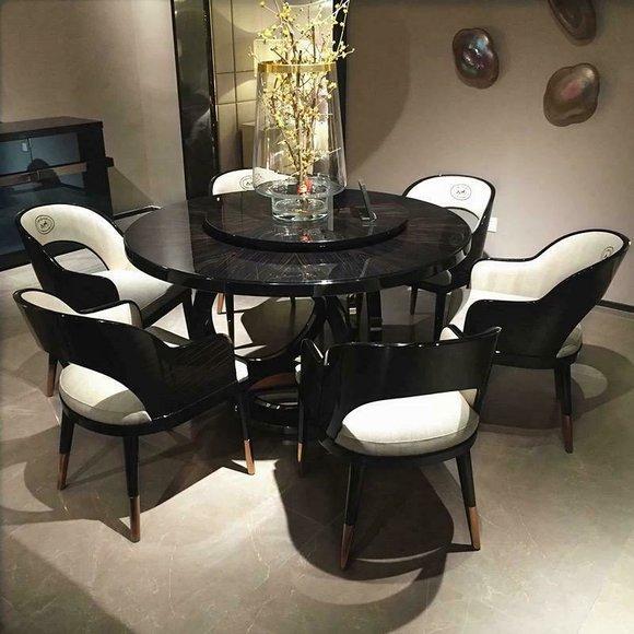 Edler Holz Rund Tisch + 6 Stühle Ess Zimmer Gruppe Lehn Stühle Tische Designer