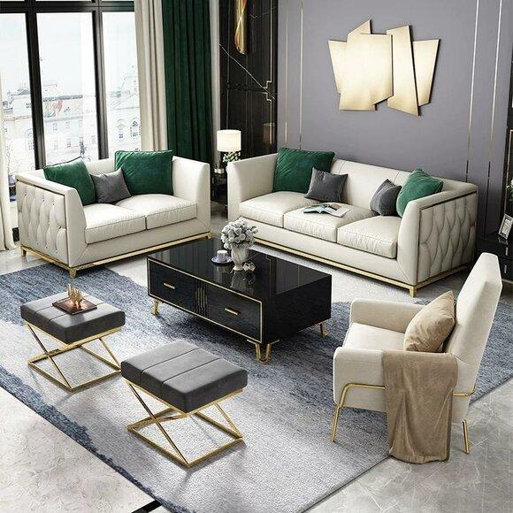 Sofa Polster Sitz Couch Garnitur Leder Wohnzimmer Sofas Set 3tlg Hocker