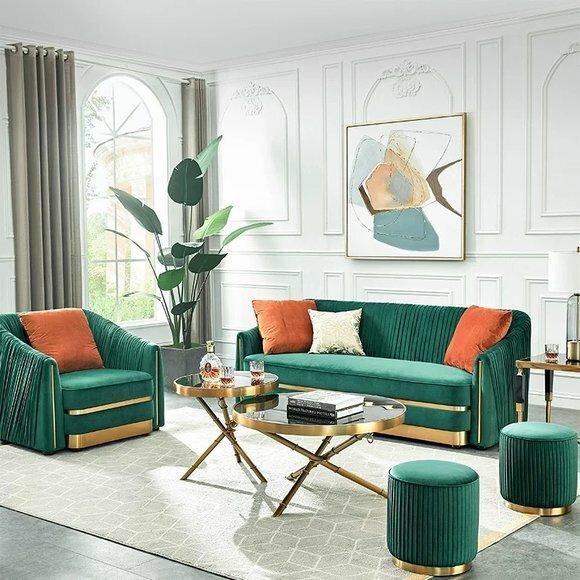 Designer Couch Polster Sitz Garnitur Sofa Garnituren Samt 3+1 Sitzer + Hocker
