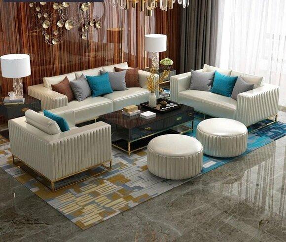 Chesterfield Metall Couch Polster Sitz Garnitur Sofa 3+1 Leder Design Garnituren