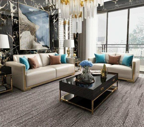 Design Leder Sofa Couch Gruppe Garnitur 3+1+1 Metall 3tlg Set Luxus Sofas Neu