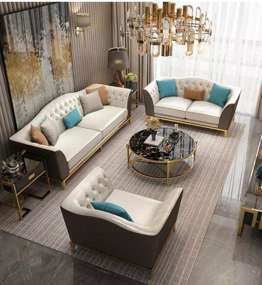 Chesterfield Edelstahl Couch Polster Sitz Sofa 3+2 Leder Garnitur Wohnzimmer