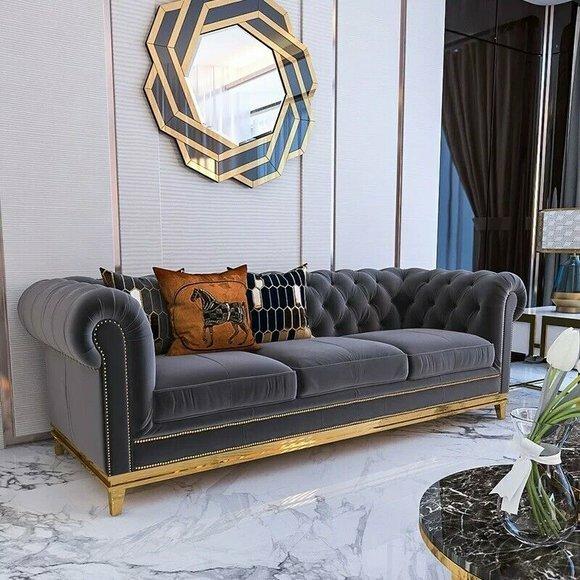 Dreisitzer Couch Polster Design Sofa Grau Neu 3er Sitz Sofas Möbel Chesterfield