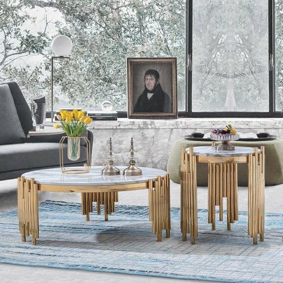 Luxus Design Couch Tisch Kaffee Beistell Tische Wohnzimmer Rund Marmor Sofa Neu