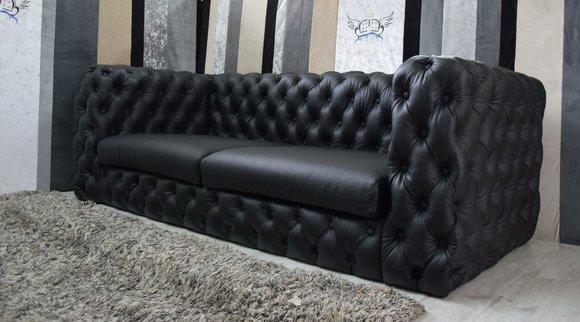 Schwarze Chesterfield 3 Sitzer Couch Sofa 100% Vollleder Designer Garnitur