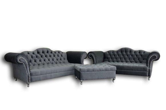 Sofagarnitur 3+2 Sitzers + Hocker Chesterfield Sofa Stoff Leder Couchen