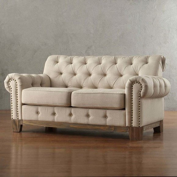 Chesterfield 2 Sitz Klassische Luxus Natur Holz Gestell Sofa Textil Leder