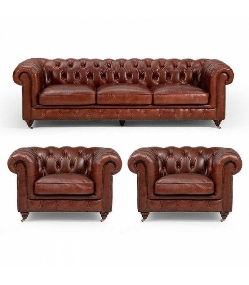 Sofagarnitur 3+1+1 Sitzers Klassische Luxus Chesterfield Sofa Leder Couch