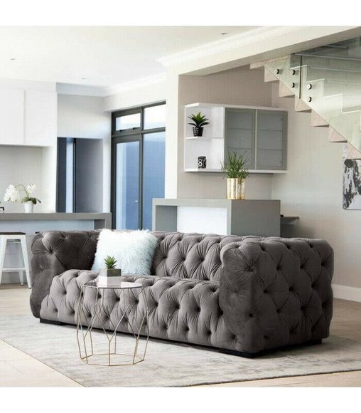 Chesterfield Dreisitzer Couch Gepolsterte Stil Möbel Samt Stoff Bezug Leder