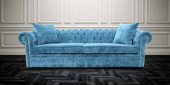 Klassische Wohnzimmer Sofa - Blaue Chesterfield Stoff Couch 3 Sitzer